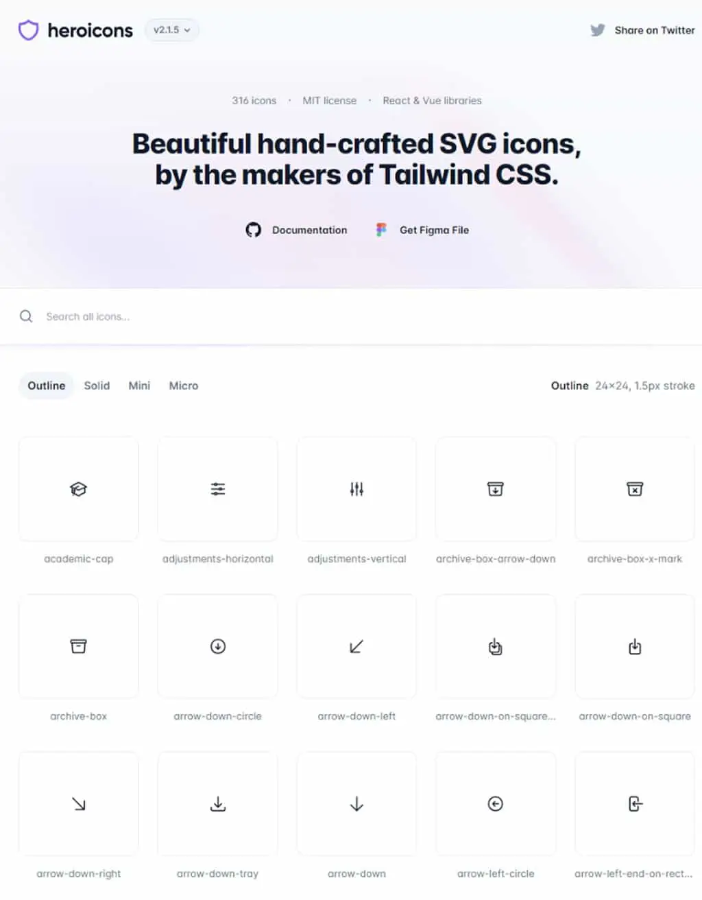 Heroicons：由 Tailwind CSS 出品的免費 SVG 圖示庫，支援 Vue、React 前端框架
