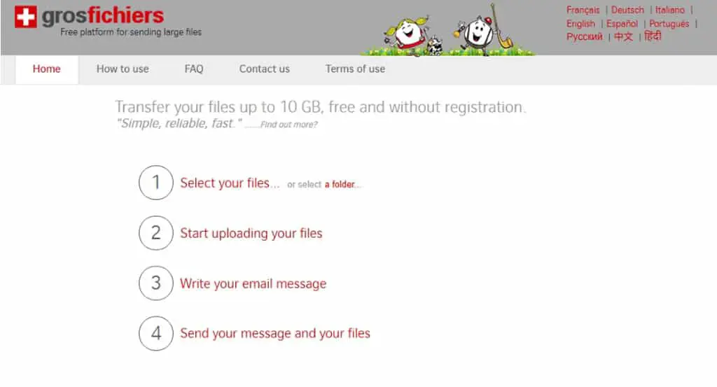 GrosFichiers 瑞士製免費大型檔案傳輸服務，一次可傳 10GB