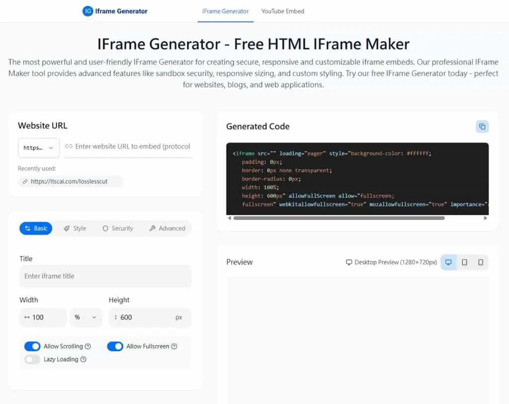 IFrame Generator 線上工具，快速生成 HTML iframe 與 YouTube 內嵌碼