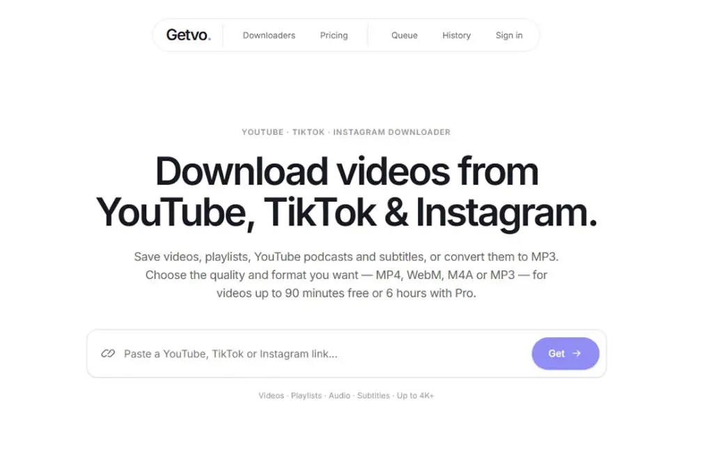 Getvo Free Video Downloader: Save YouTube Videos in Up to 4K, Convert to MP3, and Grab TikTok and Instagram Clips